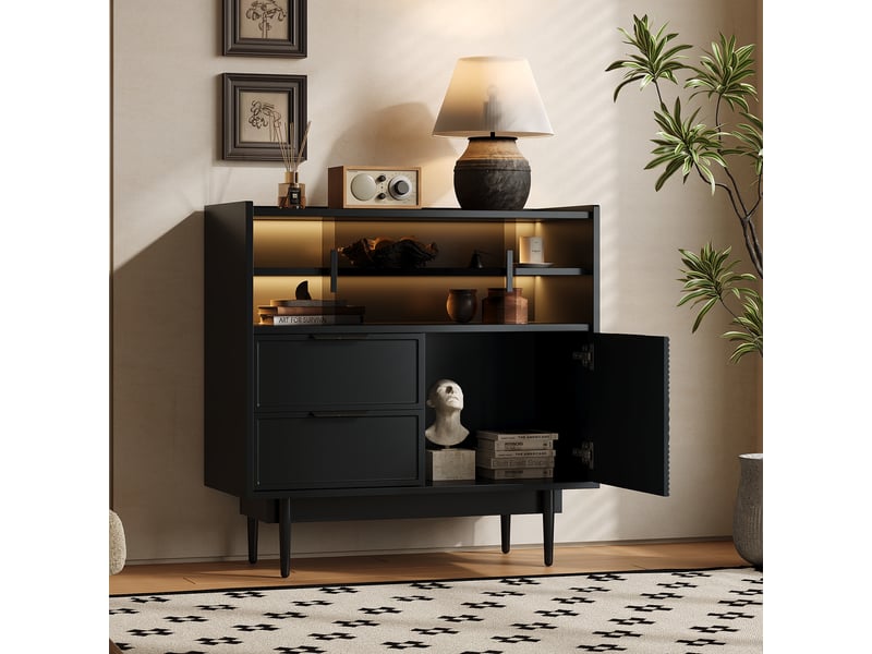 Buffet bas meuble de rangement 80x35x80 cm - led à 16 couleurs - portes vitrées coulissantes - niches ouvertes - mdf - noir - Conforama E