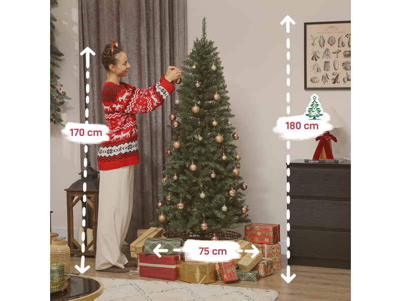  Sapin de noël artificiel 180 cm, arbre de noël fin avec 250 lumières, 899 pointes, support en métal pliable, vert  - Conforama C