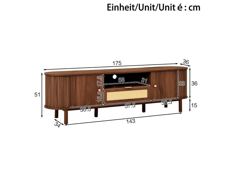 Meuble tv moderne noyer 175 cm avec tiroirs et compartiments ouverts design arrondi - Conforama C
