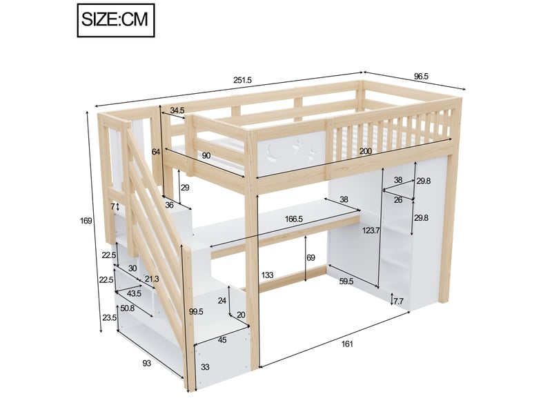  Lit mezzanine enfant 90x200 cm avec bureau, led et rangements, blanc et bois clair, sans matelas  - Conforama C