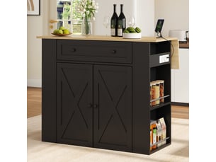 Desserte de cuisine avec plan rabattable, 1 tiroir, étagères latérales et prises en mdf noir 120×75×97 cm
