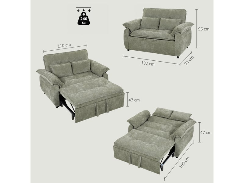  Canapé convertible 2 places, canapé-lit 3 en 1 velours 137 cm, dossier réglable, assise large, 2 oreillers, vert  - Conforama C