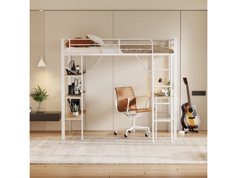  Lit mezzanine métallique 90x200cm avec bureau et trois grandes étagères, blanc, pour enfants et adultes  - Conforama C