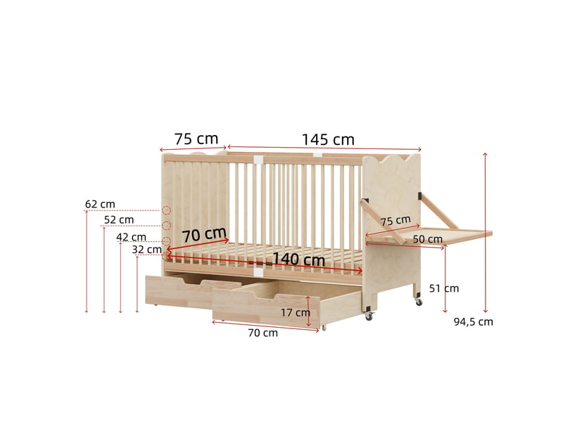  Lit bébé mobile 70x140 cm, 4 hauteurs 2 tiroirs, table à langer, bois de pin naturel sans matelas  - Conforama C