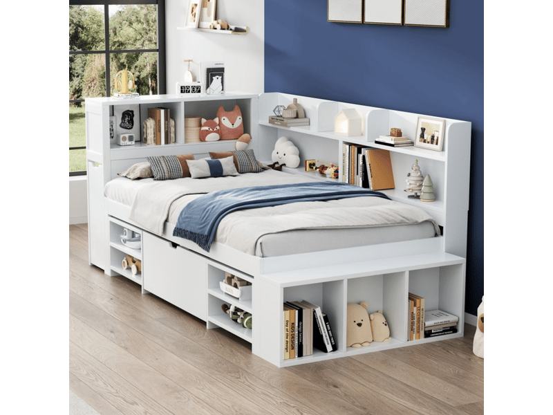  Lit enfant 90x200 cm avec tiroirs et bibliothèque intégrée - sommier inclus, blanc  - Conforama B