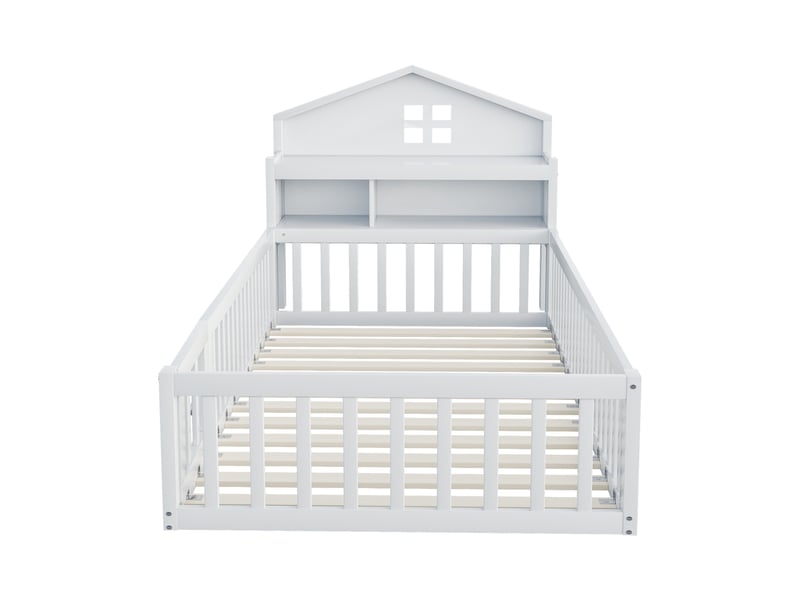  Lit cabane enfant 90x200, lit en bois massif blanc avec rangements, barrière de sécurité, porte et sommier à lattes inclus.  - Conforama A