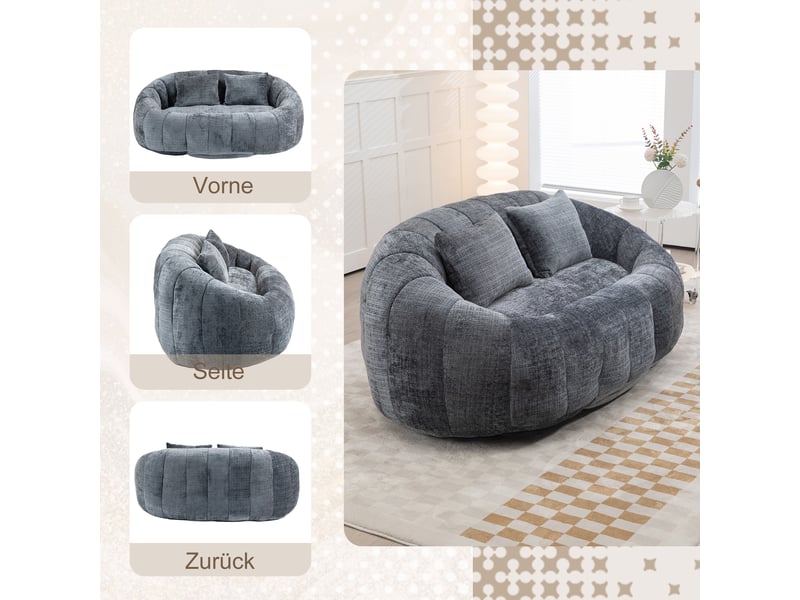 Pouf xxl canapé lounge gris 2 places en tissu chenille, fauteuil de sol mousse haute densité pour salon et chambre, 150x95x63cm - Conforama E