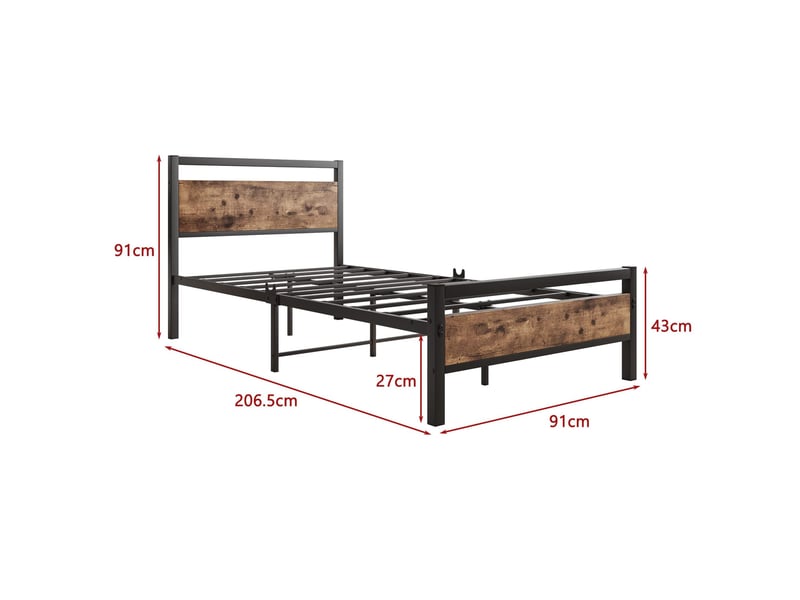  Lit simple 90 × 200 cm 1 place avec rangement sous le lit, tête et pied de lit, sans matelas, métal et mdf, marron  - Conforama D