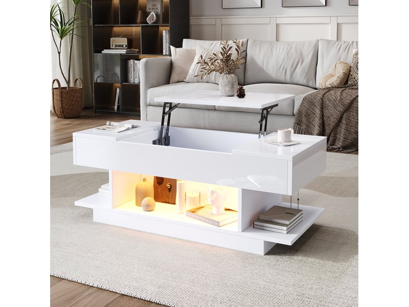  Table basse relevable 98x45x40 cm avec led et rangements blanc  - Conforama B