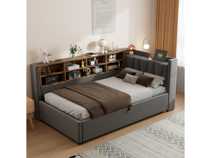 Lit banquette enfant 90 x 200 cm avec rangement hydraulique, veilleuse, usb et type-c, velours gris foncé Fay Lum - Conforama D