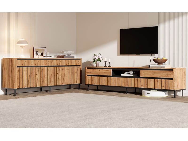  Ensemble meuble tv 180 cm et buffet 160 cm, pour téléviseur 75 pouces, naturel et noir  - Conforama D