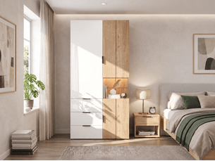 Armoire 3 portes battantes avec led, 4 tiroirs dont 1 à bijoux et 2 penderies, 90 × 49 × 200 cm, blanc et effet chêne