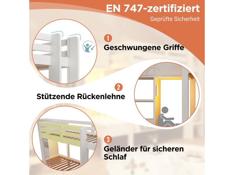  Lit superposé 90x200 cm avec armoire et tiroirs, veilleuse led, lit superposé avec rangements, bois massif blanc  - Conforama D