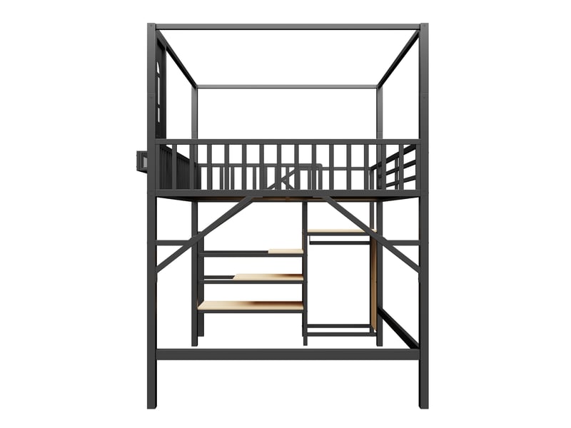Lit mezzanine en métal 140x200 cm, structure avec toit, échelle de rangement, penderie, noir - Conforama E
