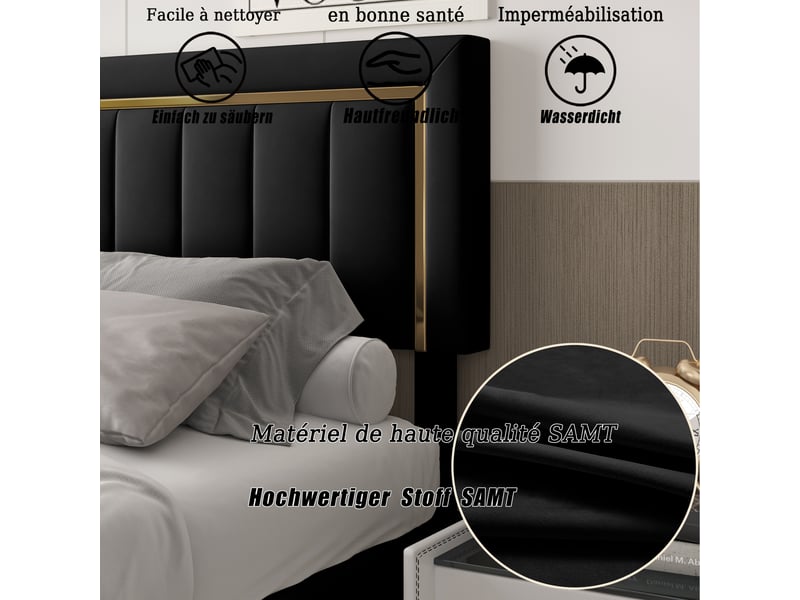  Lit coffre 140x200, lit 2 places avec rangement hydraulique, tête de lit et sommier à lattes, velours noir  - Conforama D