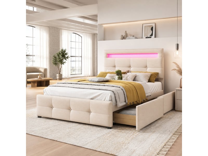 Lit avec tiroirs 1 place 90×200 cm, 2 tiroirs, led et tête réglable, rembourré, beige, sans matelas  - Conforama C