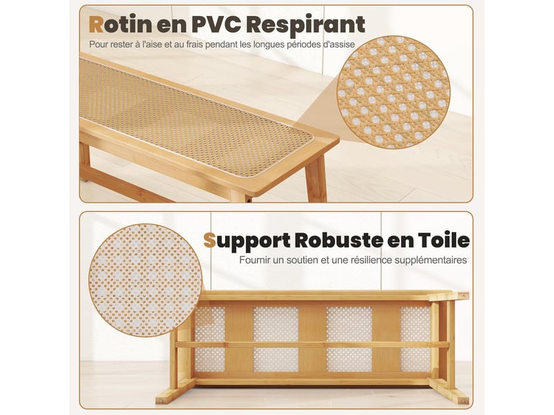  Costway banc de salle à manger en bambou, assise en rotin pvc pour 2 pers, patins antidérapants, charge 300kg  - Conforama D