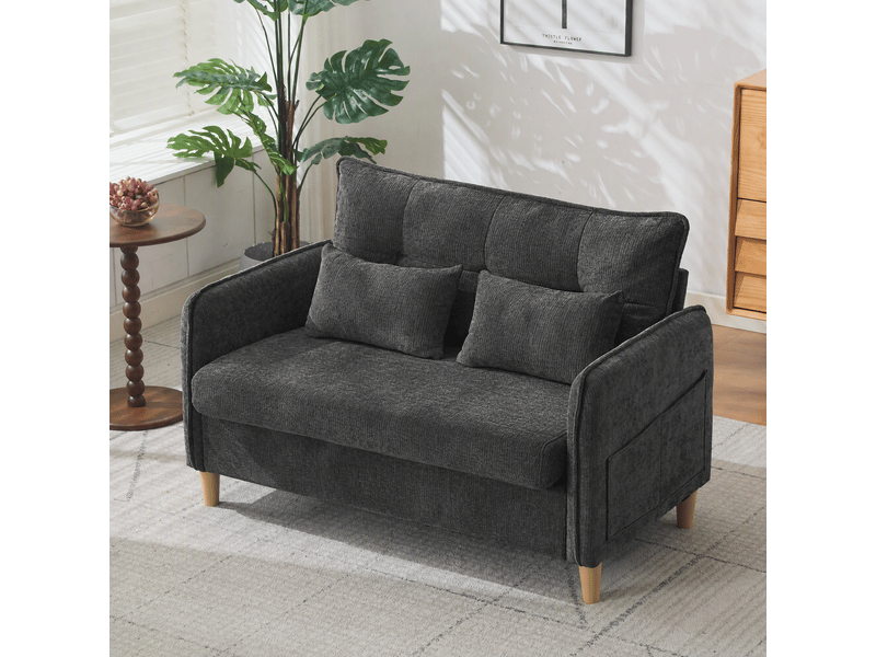  Canapé droit 2 places avec poches latérales et dossier ergonomique  - accoudoirs, chenille gris foncé  - Conforama C