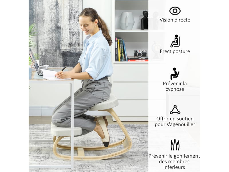  Siège assis genoux, siège ergonomique en bois à bascule, chaise à genoux pour bureau à domiciles, crème  - Conforama E