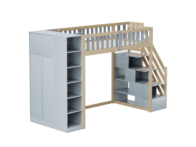  Lit mezzanine multifonctionnel 90x200cm avec étagères, armoire de rangement et grande penderie, échelle de sécurité avec compartiments de rangement, coloris gris et bois brut  - Conforama D