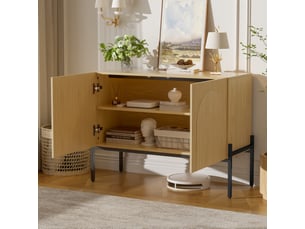 Buffet 100x40x75 cm 2 portes, pieds métal, design arqué rainures, style minimaliste structure en aggloméré naturel