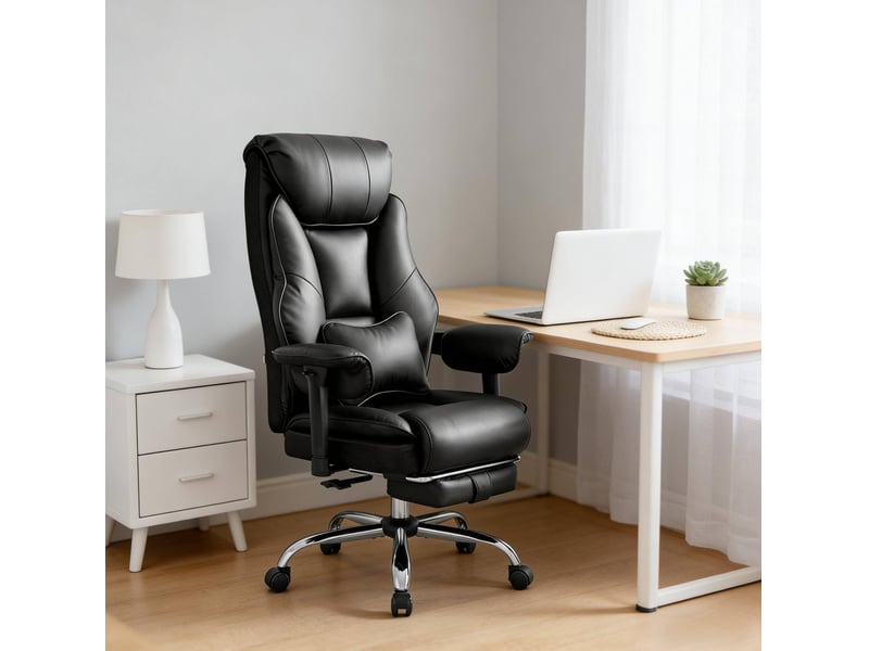  Chaise de bureau ergonomique à dossier haut avec accoudoirs réglables et repose-pieds en pu noir  - Conforama C