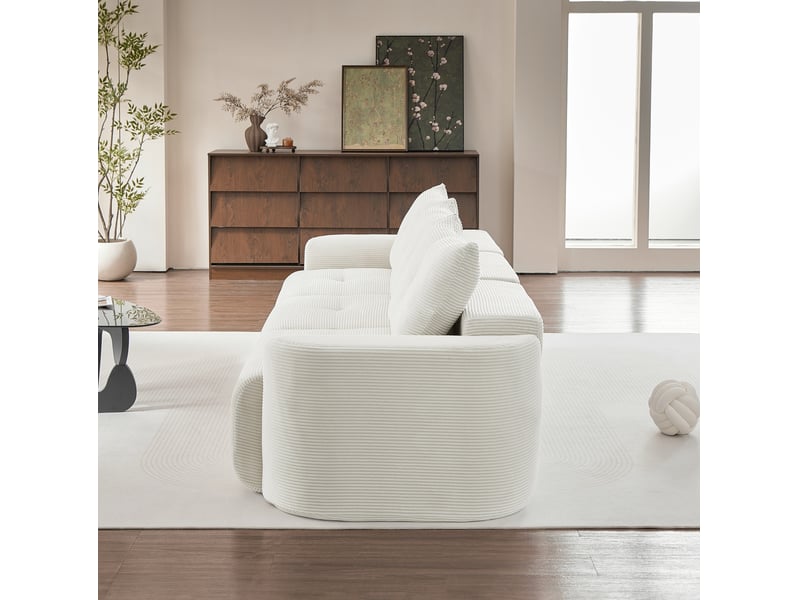  Canapé modulable 3 places 279x100x84 cm beige en tissu côtelé, configuration 2+1 et 3 coussins de dossier  - Conforama E