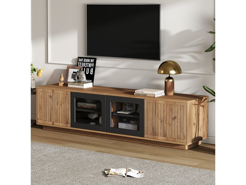  Meuble tv 180 cm pour écran jusqu'à 75 pouces avec led, bois naturel et noir  - Conforama C