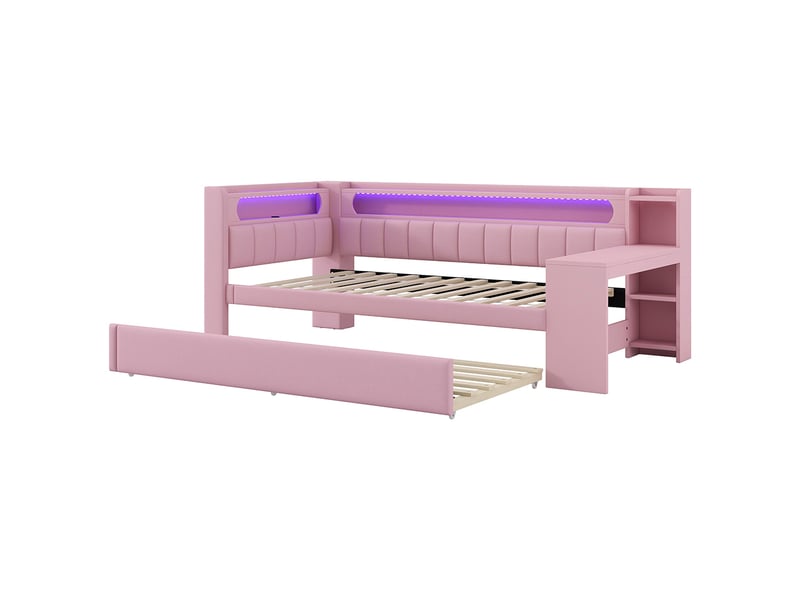 Canapé-lit rembourré 90 x 200 cm avec port usb et bande led, avec lit gigogne et bureau, tissu lin, rose - Conforama E