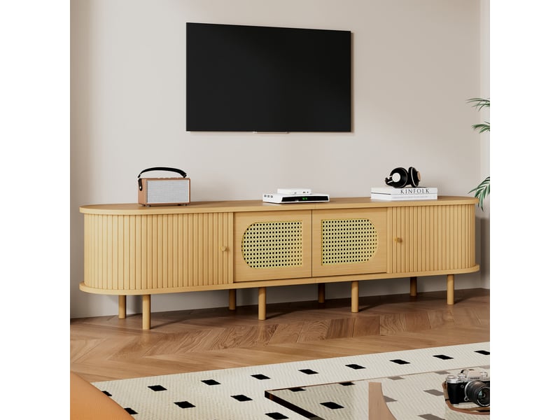  Meuble tv 180x40x40 cm - meuble bas ovale effet rotin avec 2 portes battantes, 2 portes coulissantes, mdf, pour tv jusqu’à 75 pouces - bois clair  - Conforama D