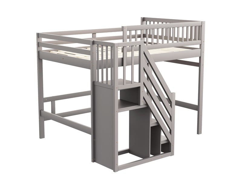  Lit mezzanine enfant 140x200 cm – gris – escalier avec rangements intégrés et garde-corps haut – sans matelas  - Conforama D