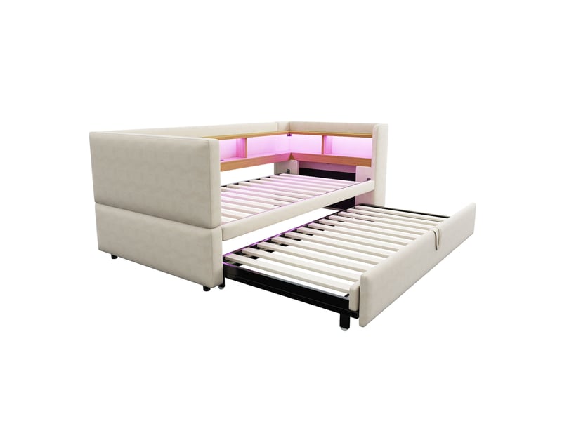 Lit banquette 90180x190 cm – beige – extensible, led, prises intégrées et rangements ouverts – sans matelas - Conforama D