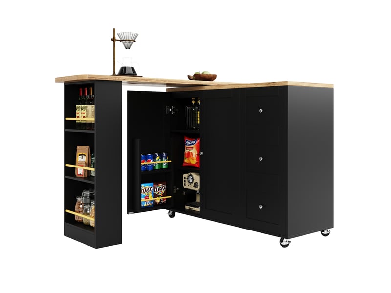  Îlot de cuisine noir table de bar pivotante à 360° (135-203x39x106 cm) avec rangement, roulettes et étagère à snacks  - Conforama A