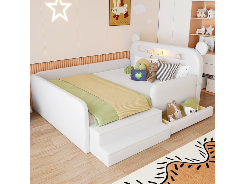  Lit enfant 140x200 cm avec rangement, veilleuse et port usb en similicuir blanc  - Conforama B