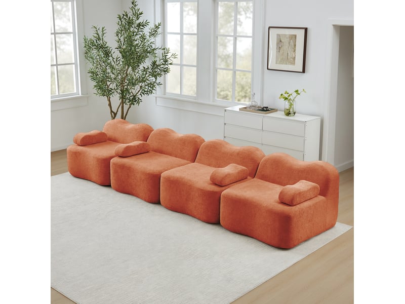  Canapé modulaire 4 places en velours orange, forme ondulée, 384 x 98 x 70 cm  - Conforama D