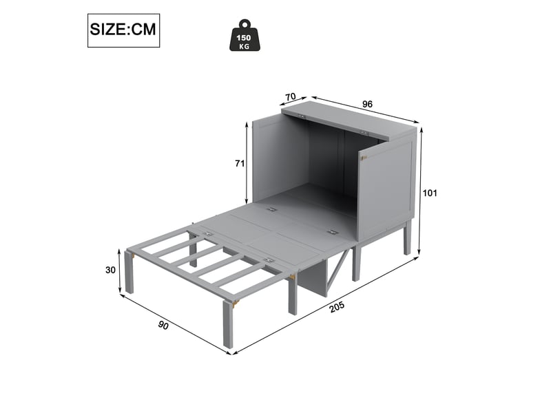  Lit escamotable vertical 90x200 cm transformable, rangement intégré, comptoir, sommier à lattes, bois gris, sans matelas  - Conforama C