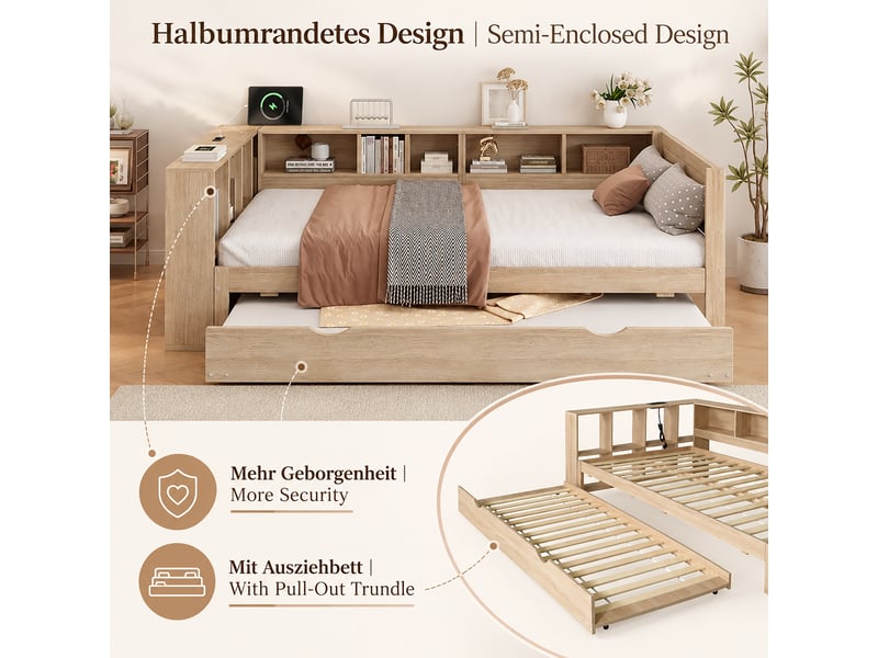 Lit gigogne 120x200cm avec second couchage 90x190cm, 2 couchages, rangements périphériques, étagères réversibles et usb, pin naturel, pour chambre - Conforama E