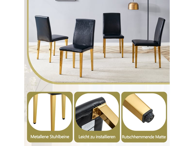  Chaises de salle à manger lot de 4 avec dossier ergonomique  - pieds métal, simili cuir noir et or  - Conforama E