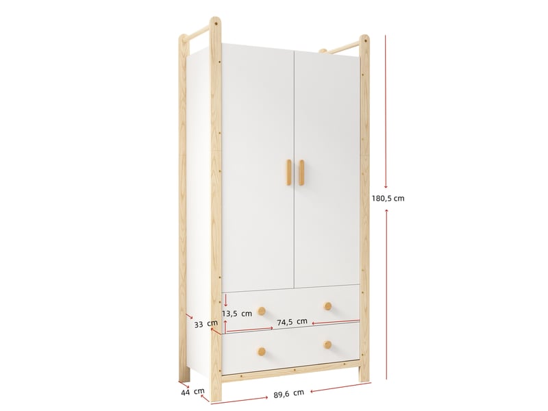  Armoire 2 portes avec penderie et 2 tiroirs, cadre en pin, pour chambre ou entrée, blanc naturel, 89,6 × 44 × 180,5 cm  - Conforama E