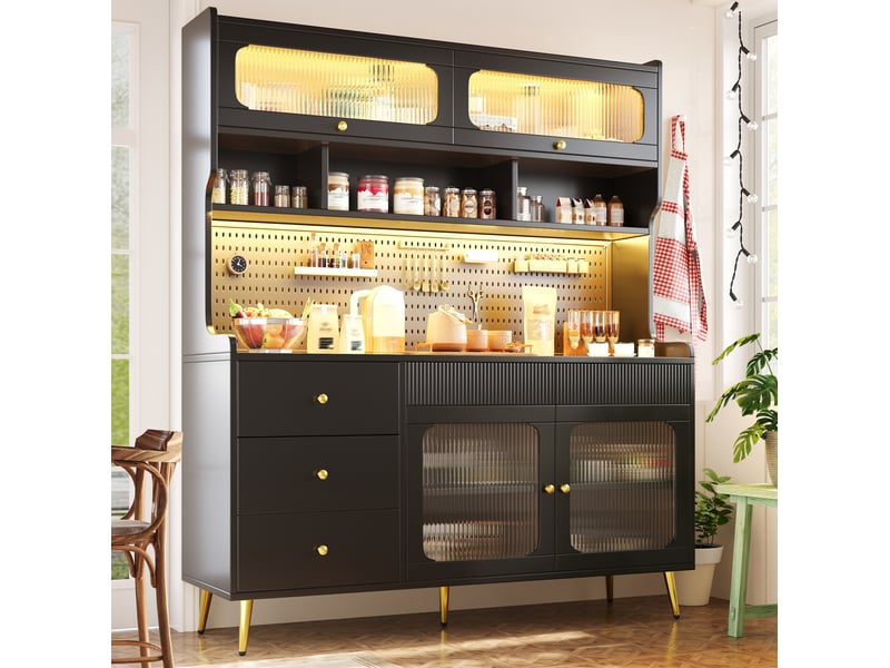 Buffet haut 4 portes vitrées, 3 tiroirs, led et panneau perforé pour cuisine ou salon, noir 145 × 39 × 171 cm  - Conforama B