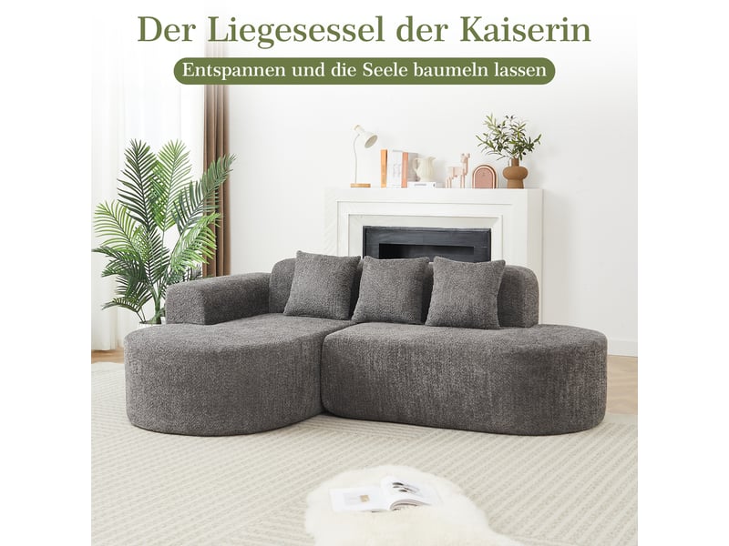 Canapé d’angle en l 3 places 222x157x73 cm avec méridienne gauche, formes arrondies style wabi-sabi, 3 coussins dossier, chenille gris anthracite - Conforama E