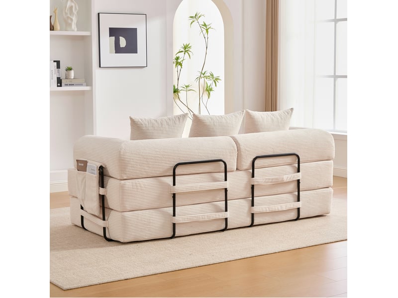 Canapé modulaire 3 places modulable avec poches latérales et 3 coussins, structure en métal et velours côtelé beige - Conforama D