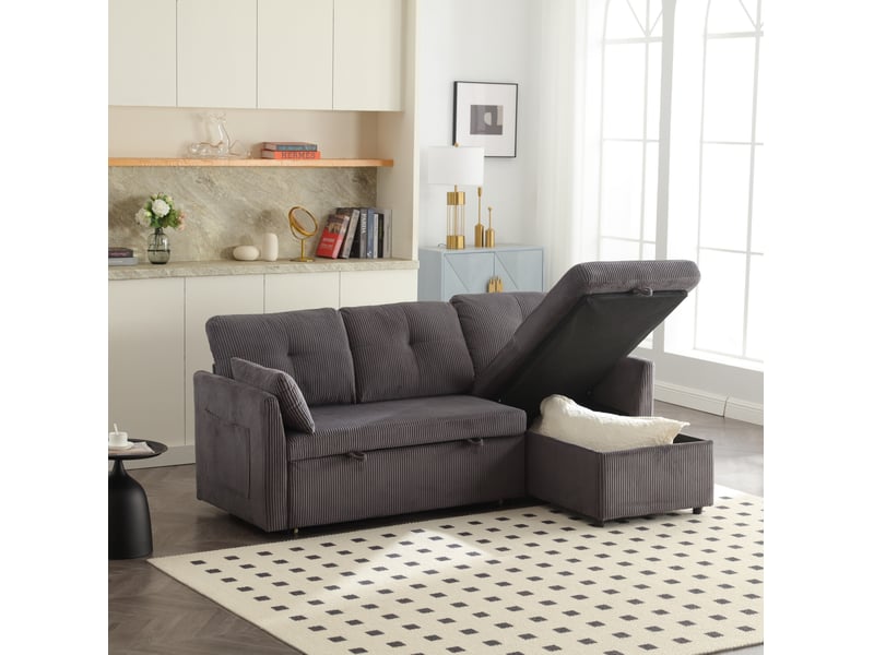 Canapé d’angle convertible 206x108x66 cm modulable avec rangement gris foncé  - Conforama C