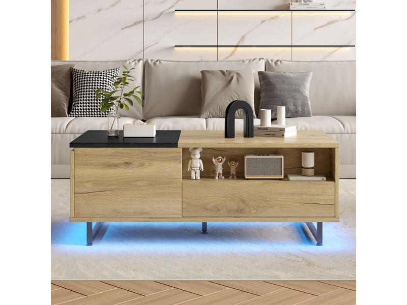  Table basse, plateau relevable salon, rangement intégré, led intégrées, piètement métal  - Conforama B