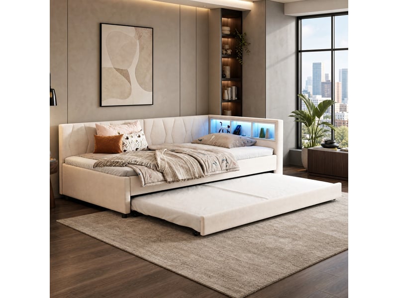  Lit gigogne 90x200 cm avec lit d'appoint, usb-c et led en lin beige  - Conforama D