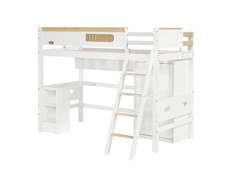  Lit superposé pour enfant, avec barrière de sécurité, table et armoire, étagères ouvertes, grand espace de rangement, échelle à quatre marches, pin + mdf + contreplaqué, blanc + naturel, 90 x 200 cm  - Conforama E