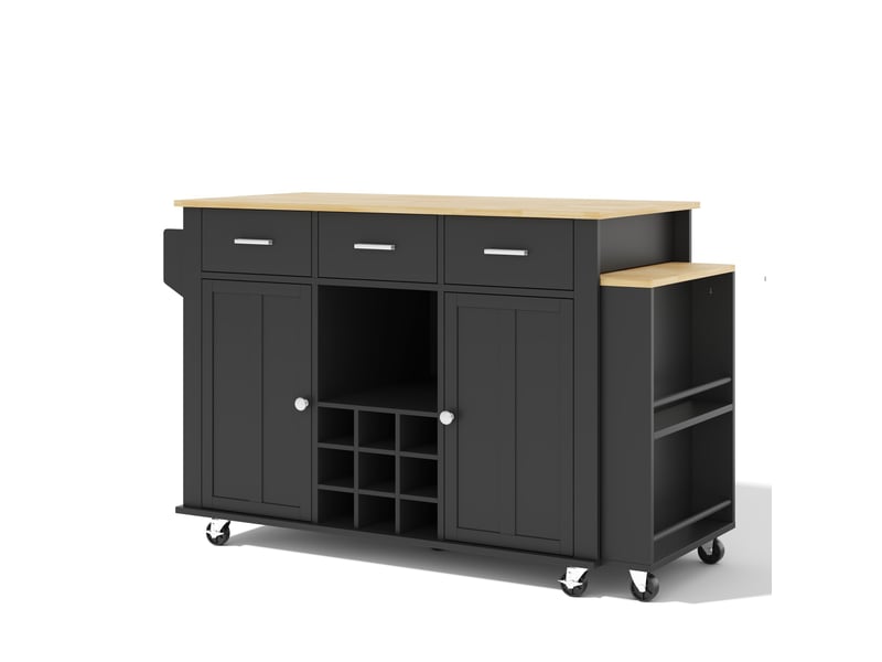  Îlot de cuisine mobile avec plateau extensible 136 à 223 x 50 x 93 cm, 3 tiroirs, prises usb, 7 roulettes, noir et naturel  - Conforama D