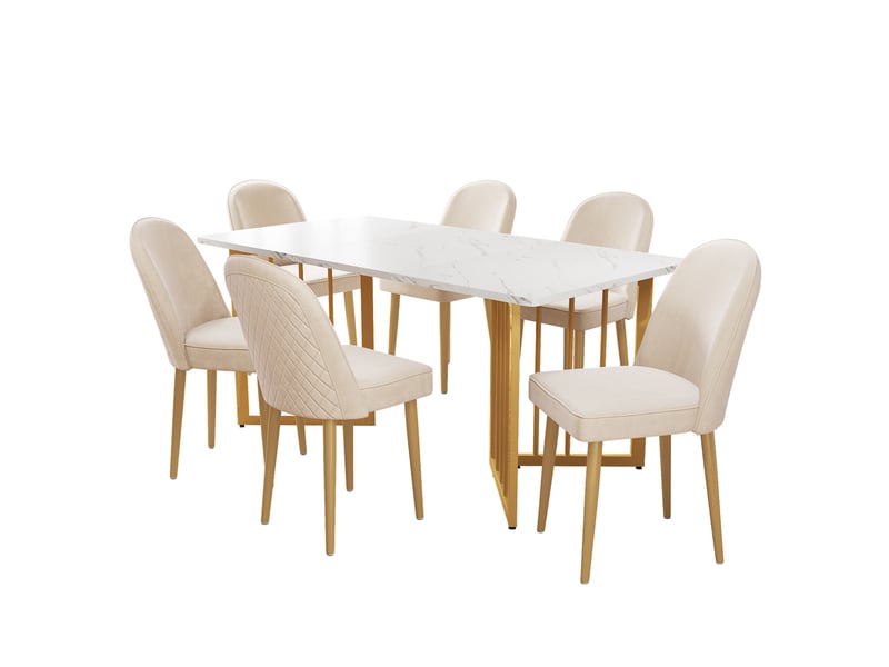  Chaises de salle à manger lot de 6 à dossier incurvé  - pieds antidérapants velours métal doré beige  - Conforama A