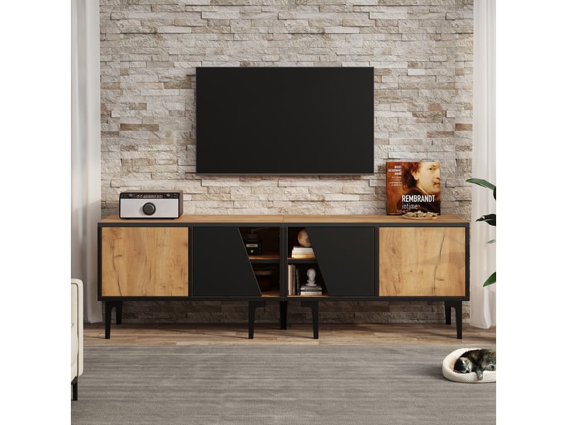 Meuble tv 160 cm pour écran 65 pouces avec 4 rangements, bois naturel et noir  - Conforama B
