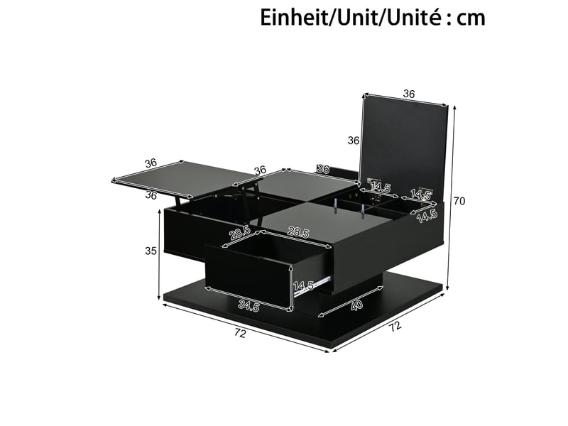  Table basse relevable 72x72x35 cm avec rangement et led, couleur noir, design moderne  - Conforama C